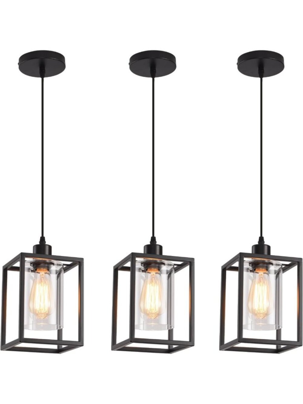 3 Pack Black Industrial Pendant Lights with Clear Glass Shade - Adjustable